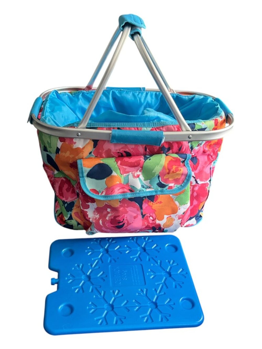 PICNIC BASKET Insulated w Ice Pack Floral Collapsable Drawstring Closure Market